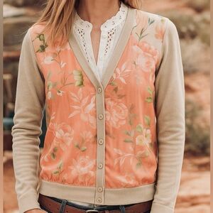Sundance Silk-Front Cotton Knit Cardigan Floral Button Front Size Medium